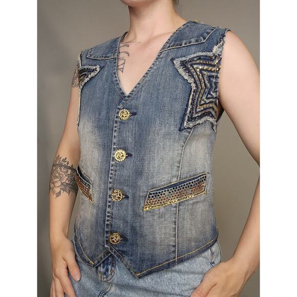 Y2k Pepe Jeans Streetwear Star Patchwork Rhinestone Distressed Denim Vest Sz Sm - Picture 2 of 9